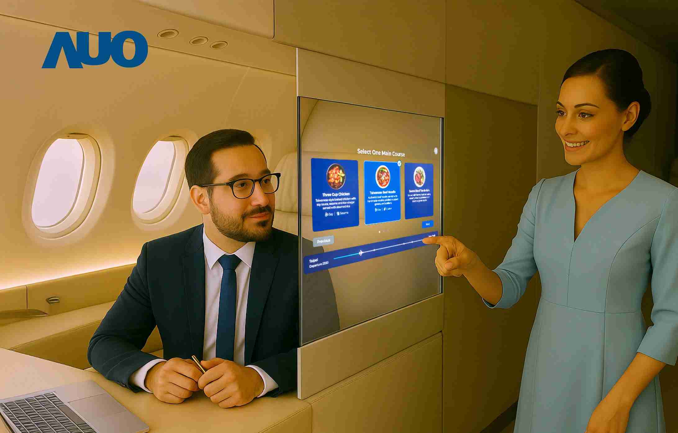 森林舞会研发全球最薄17.3 吋双面透明 Micro LED 显示器，，，可在同一屏幕之双边投射不同信息，，，，创造独特的”透明化”互动；图为实时翻译交流应用情境