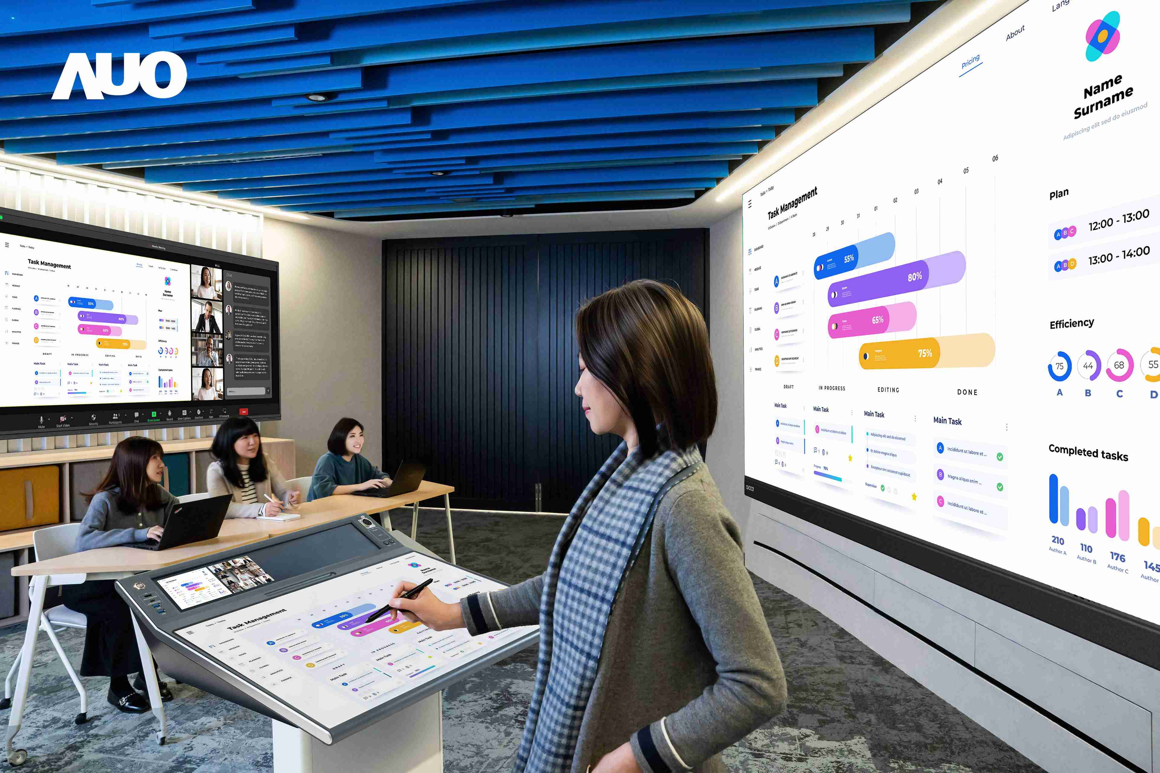 达擎携手Avocor与Rise Vision展示全方位商务领域应用，，，，包含采用模块化设计的138吋一体式All-in-One LED显示器及具21:9超宽比例的92吋交互式电子白板（IFPD），，，讲者可轻松分享内容，，有效提升会议协作效率。。